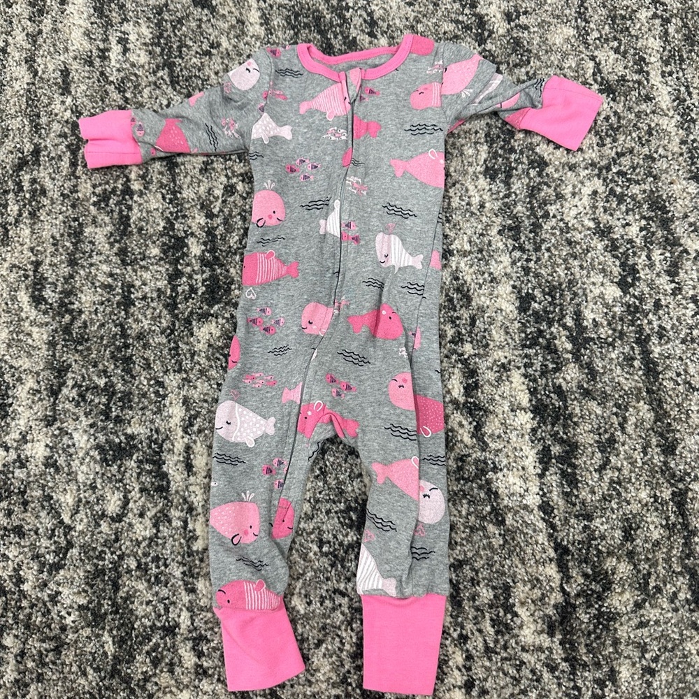 Absorba 9m gray pink fish zip onesie